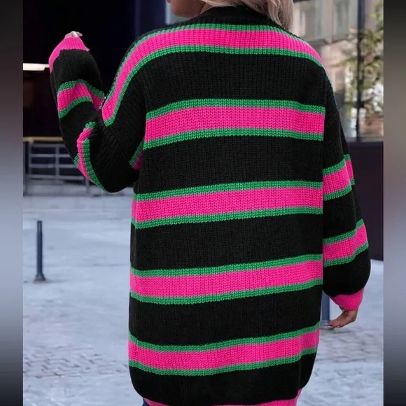 Striped Black, Pink, and Mint Green Women's Sweater Cardigan - Picture 4 of 5